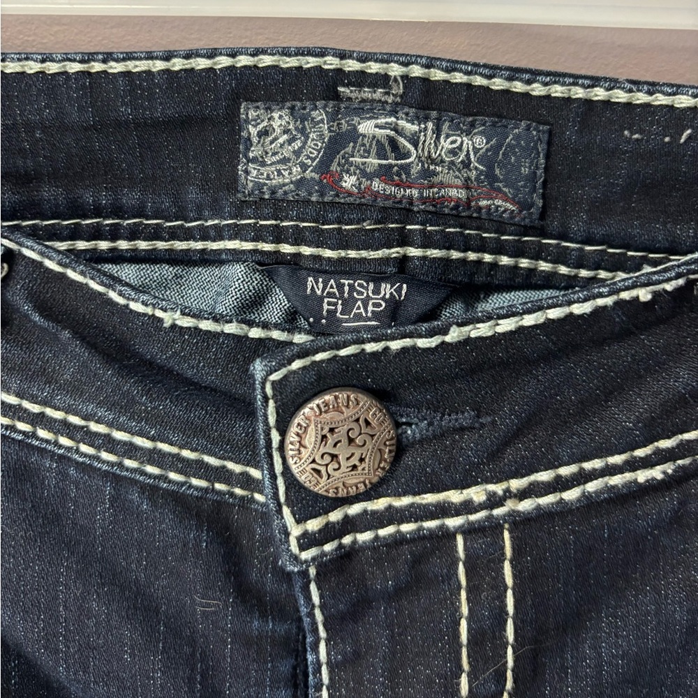 Silver Jeans Natsuki/Suki Flap Bootcut Jeans Women 32x33 Dark Wash Thick Stitch - Picture 4 of 7